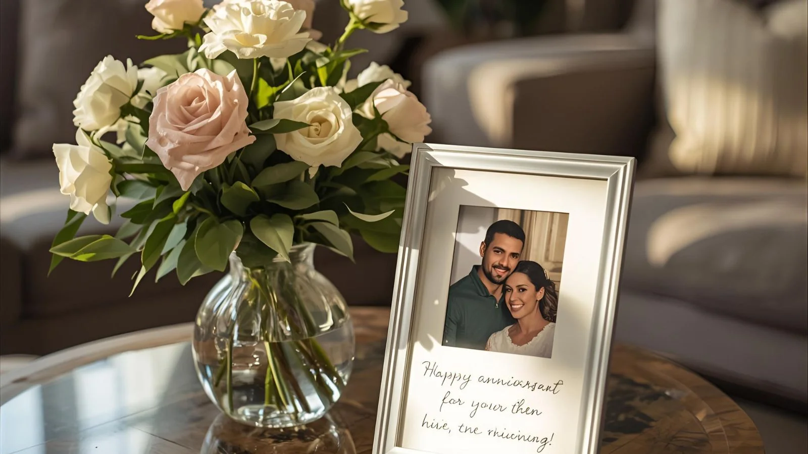 Wedding photo, flowers, and a handwritten anniversary card from parents.