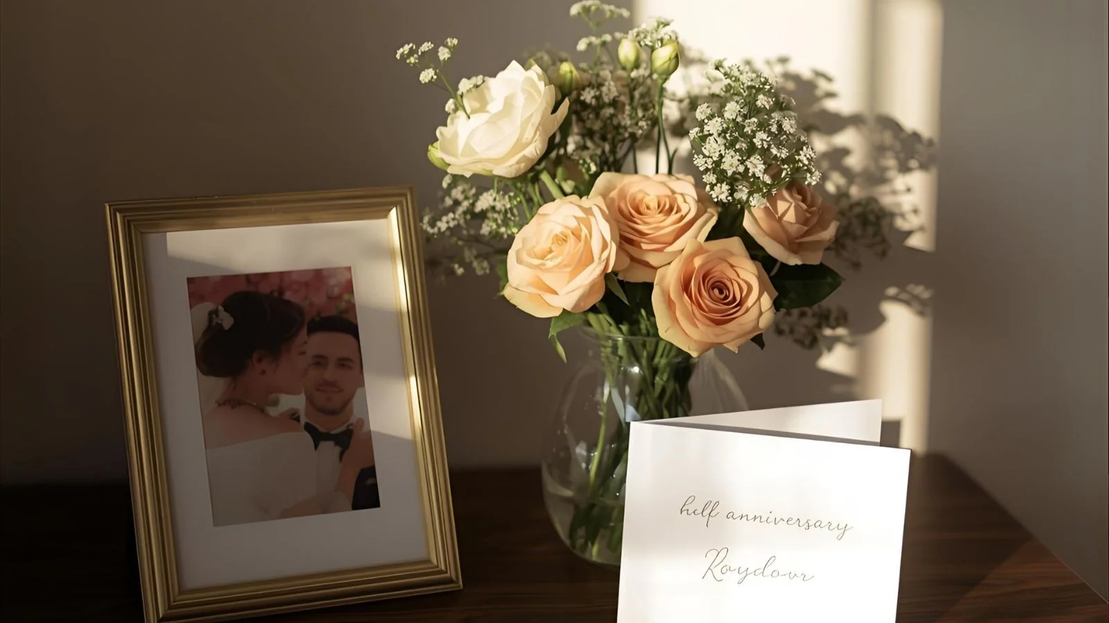 Handwriting a belated birthday message on a card beside flowers.