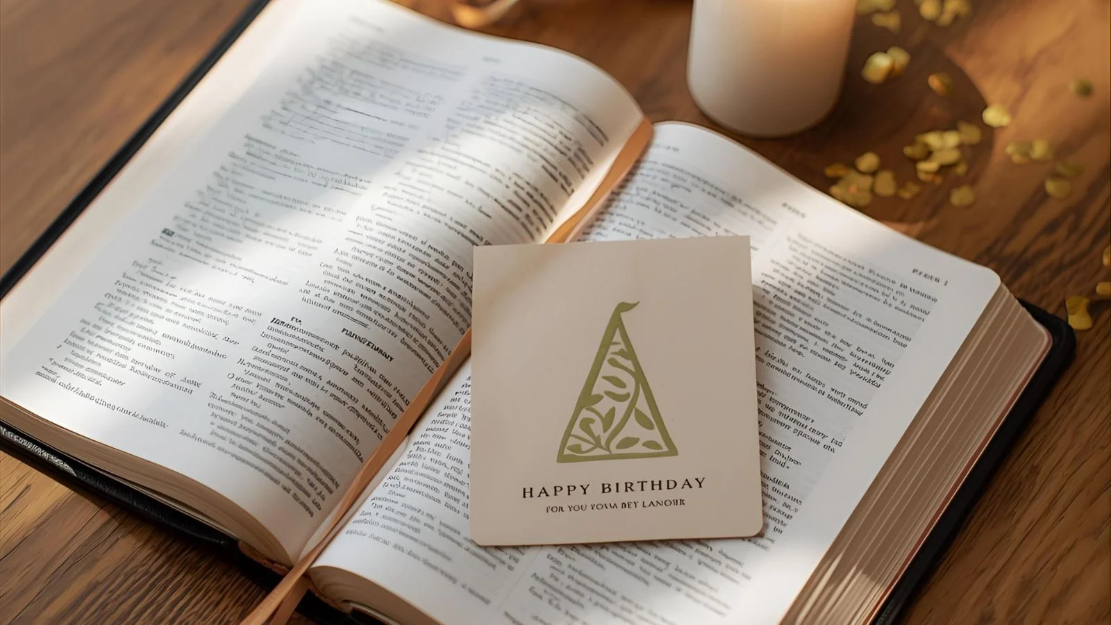 Open Bible beside a simple birthday card and candles.