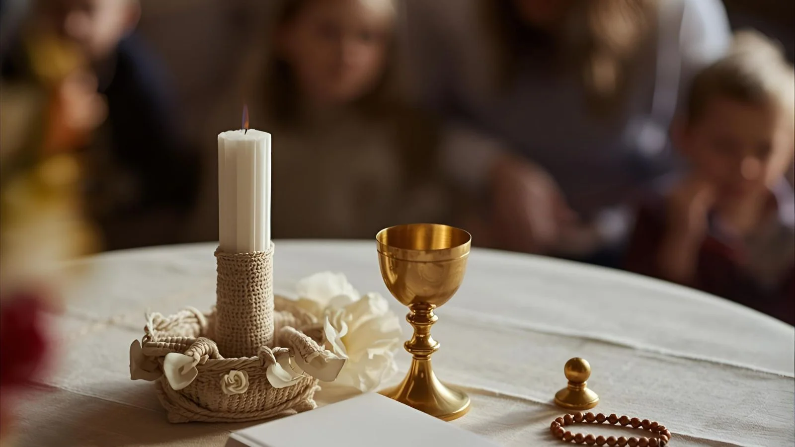 : Chalice, host, Bible, and rosary on an altar for First Communion