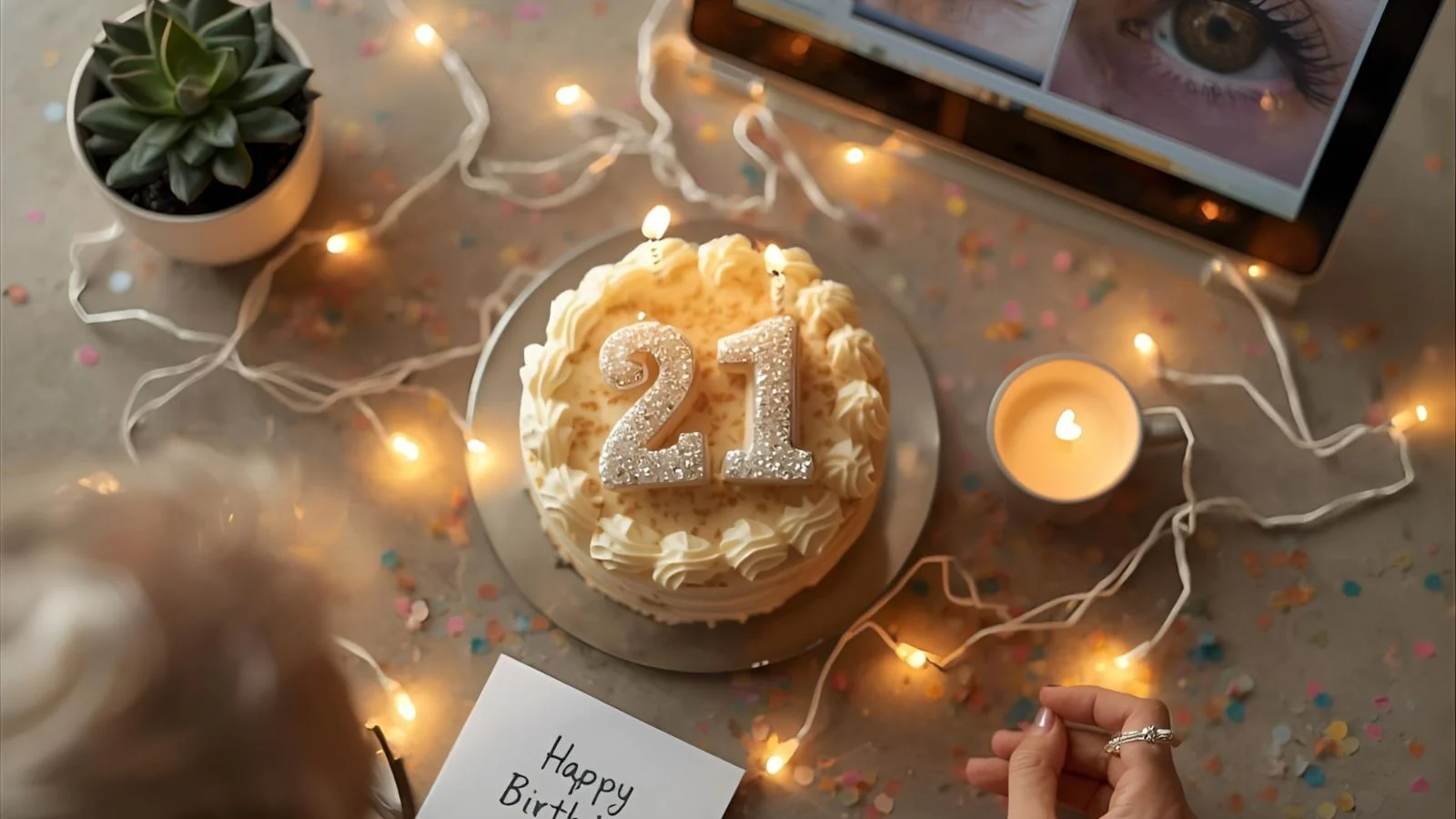Flat-lay of a 21st birthday cake, candle, and greeting card on a confetti-covered table.”
