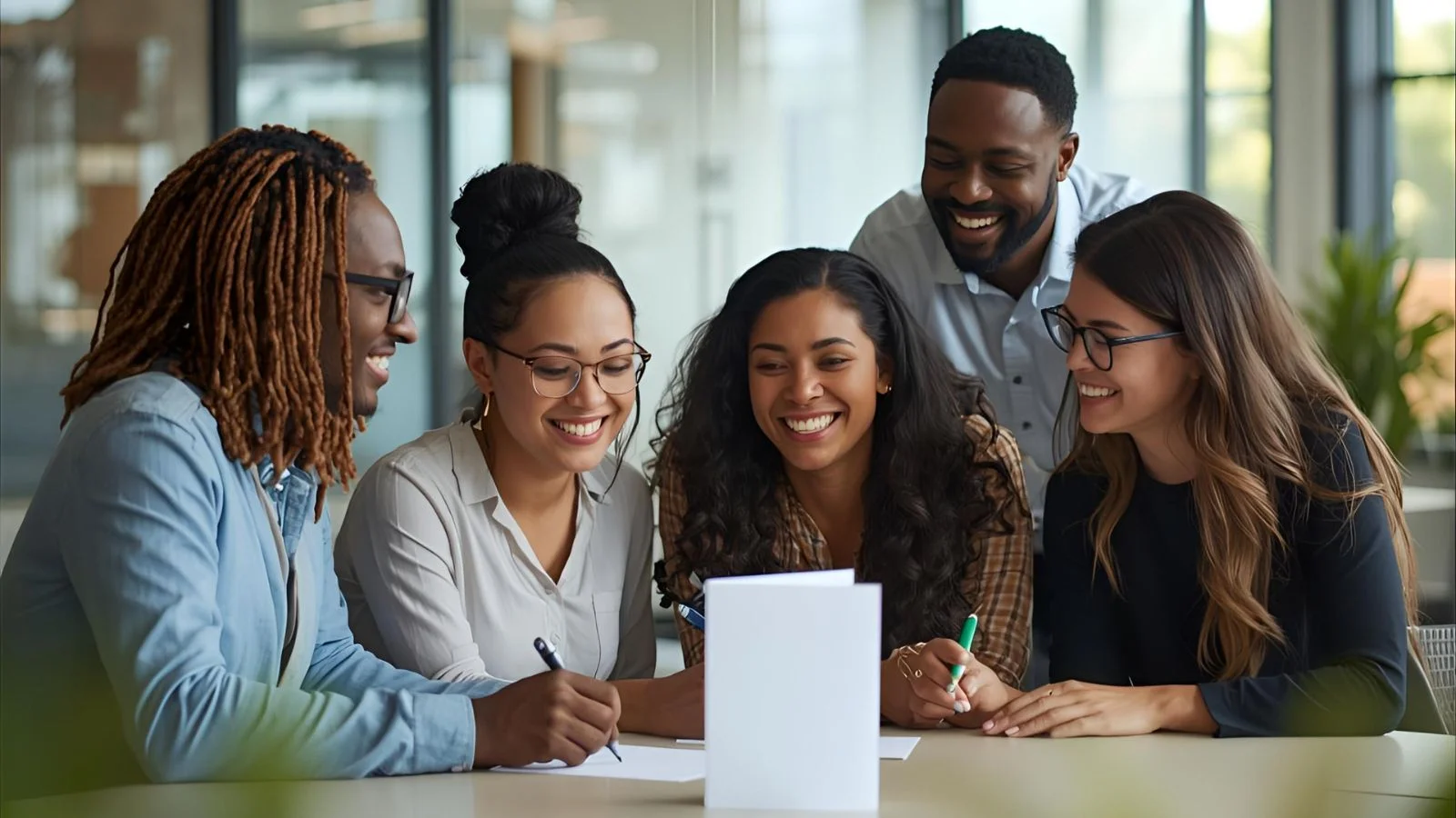 Teammates signing a colleague’s birthday card at work.