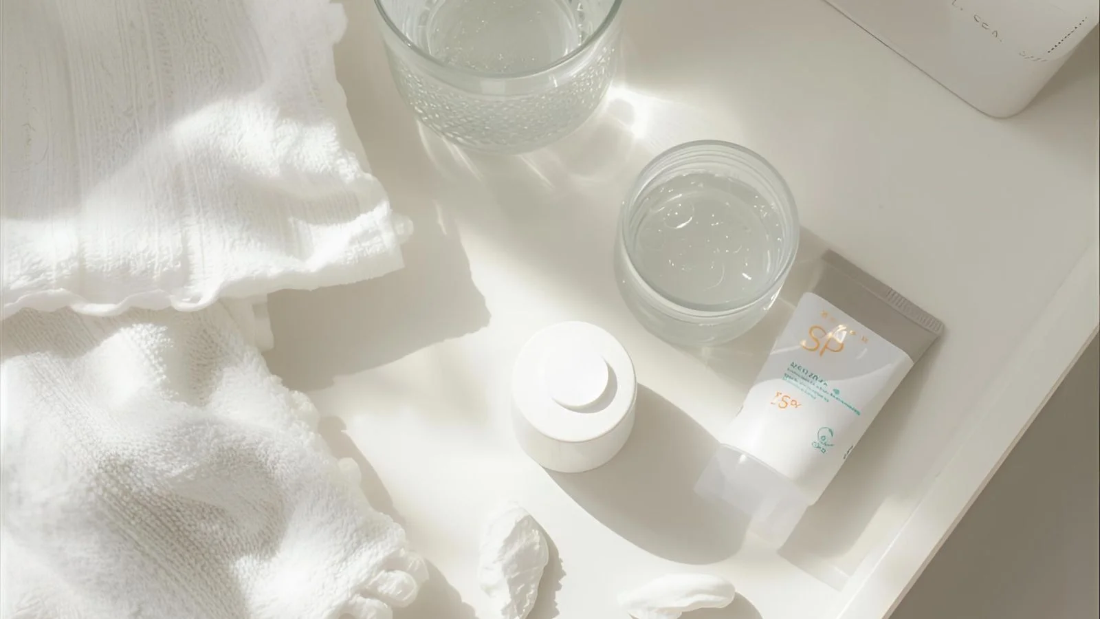 “Wishful Yo Glow tube beside moisturizer and sunscreen on a bright vanity.”